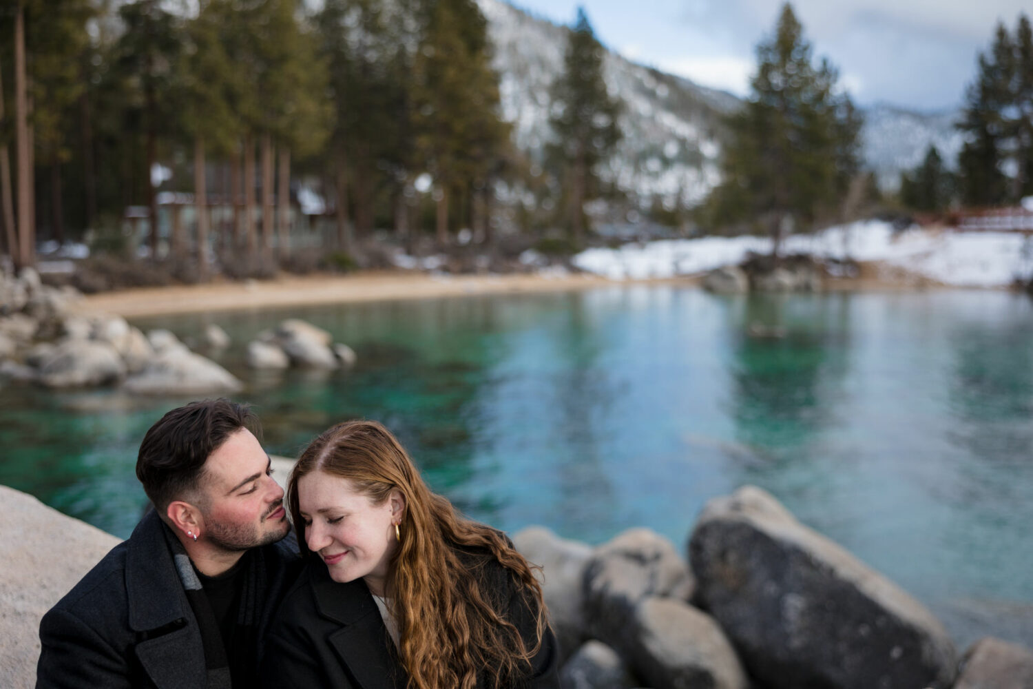 A romantic engagement photoshoot at Sand Harbor State Park.