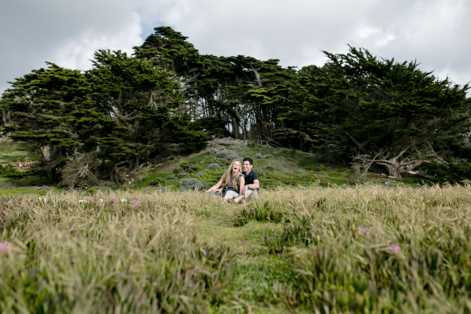 A wide-angle view of a seated couple during an engagement photoshoot in a meadow with Cypress trees in the background.